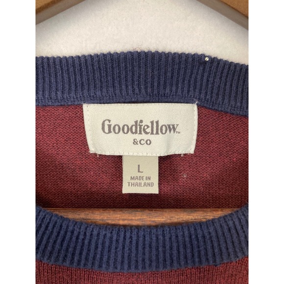 Goodfellow & Co Crewneck Sweater Mens Large Burgundy Navy Blue 100% Cotton Knit - Picture 3 of 8
